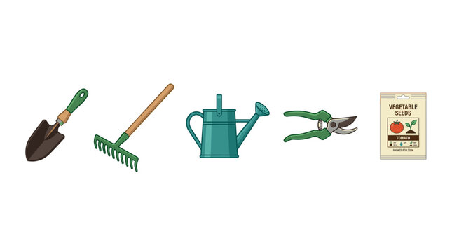 Gardening tools and vegetable seeds essential for planting and cultivating a successful home garden, illustrating the basic equipment needed for horticulture.