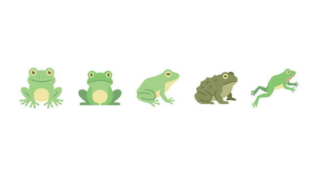 Five cute green frogs and toads in various poses, showcasing different amphibian species and their natural movements and characteristics.