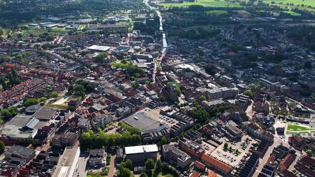 A panoramic aerial view beside the old harbor town Meppel in the netherlands on a sunny late summer day