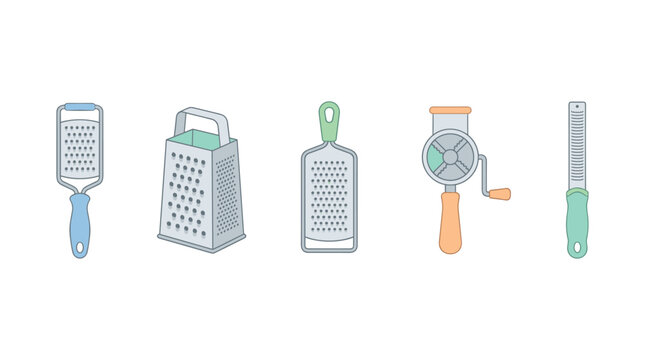 Various kitchen graters and shredders are essential cooking tools for preparing ingredients like cheese, vegetables, and spices in a modern kitchen setting.