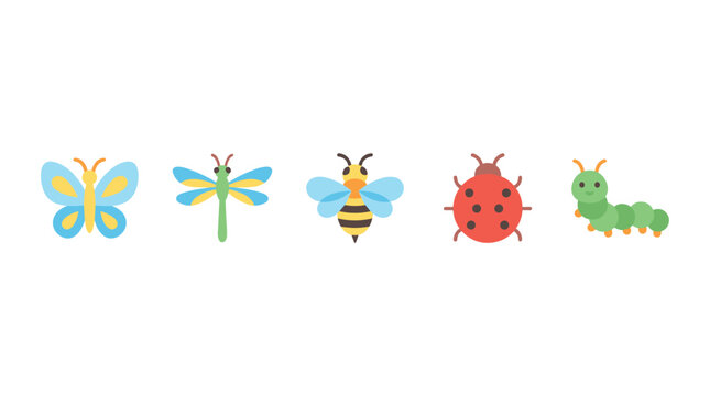 Cute cartoon butterfly, dragonfly, bee, ladybug, and caterpillar characters representing various garden insects in a playful flat design.