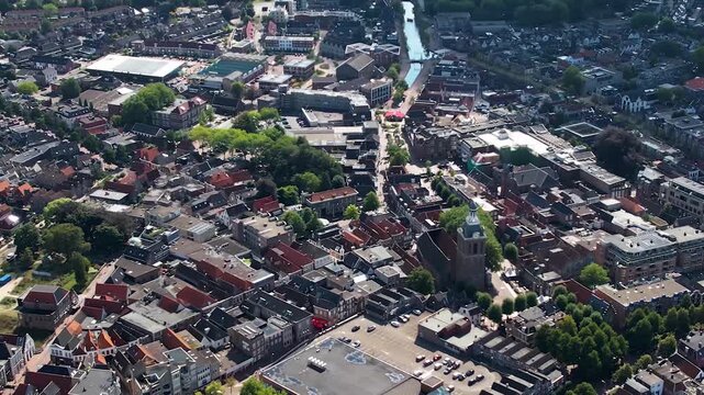 A panoramic aerial view beside the old harbor town Meppel in the netherlands on a sunny late summer day