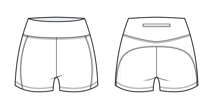 Women's High Waisted Athletic Running Shorts Technical Fashion Flat Sketch CAD Vector Template. Front and Back View Blank Gym Workout Shorts Mockup.