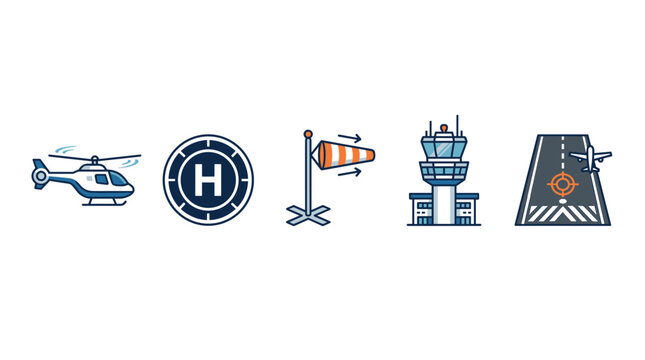 Aviation airport helicopter control tower runway windsock icons represent various elements of flight, air traffic, and landing operations in a clean, modern outline style.