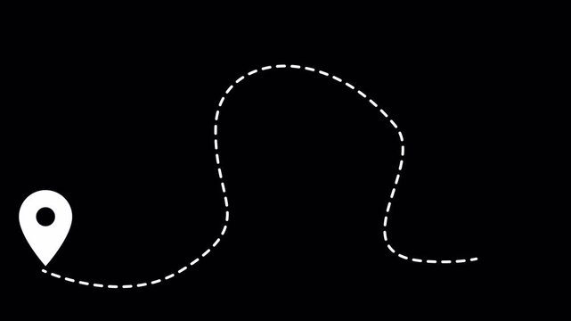 Map pointer pin and dotted route line animation on transparent background, location navigation travel and destination tracking motion graphic video in 4k.