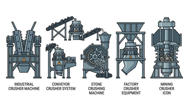 Industrial crushing machines and equipment for mining operations, aggregate production, and material processing are depicted in a clean vector illustration set.