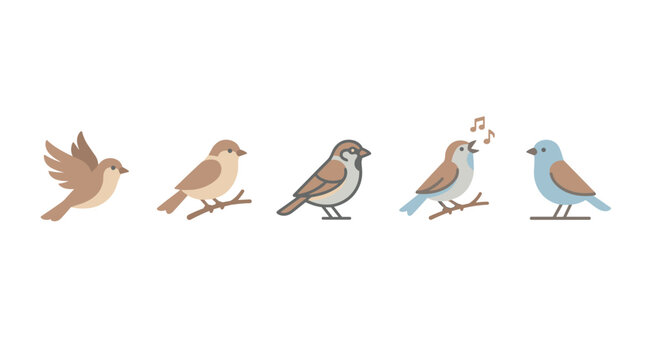 Five cute cartoon sparrows are depicted in various poses including flying, perching, and singing, showcasing their charming nature.