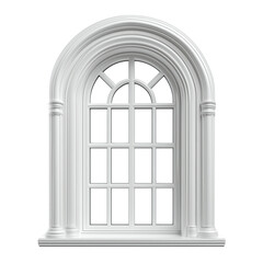 Obraz premium Classic arched window with decorative columns and white frame isolated on transparent background