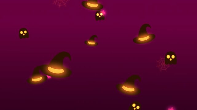 Cute Halloween Elements Background with Animated Witch Hats, Glowing Jack O' Lanterns, Spooky Ghosts and Cobwebs, Purple Background 4K 60fps Video Animation