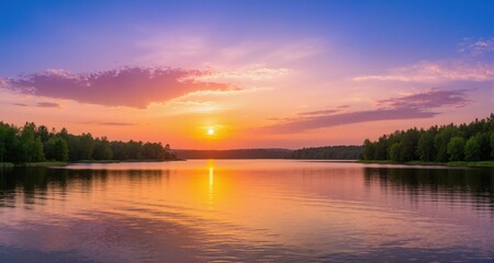 Fototapeta premium Beautiful summer sunrise over lake - Panorama 