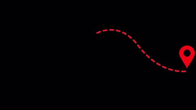 Map pointer pin and dotted route line animation on transparent background, location navigation travel and destination tracking motion graphic video in 4k.