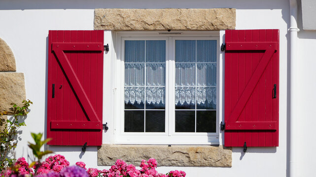 white window with open red wooden shutters on a traditional house facade