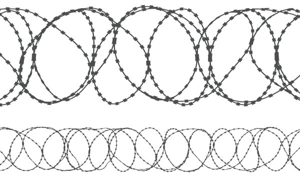 Black and white coiled concertina razor wire seamless horizontal borders with sharp metal blades vector illustration background