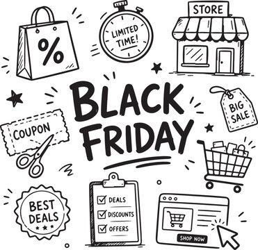 Hand drawn doodle set for black friday shopping and sale promotion Vector
