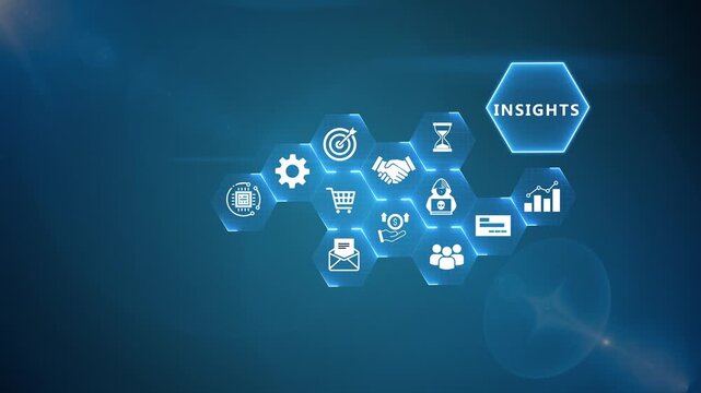 Insights Infographic Animation with Business Intelligence Icons and Digital Analytics Network on Blue Background 4k visuals