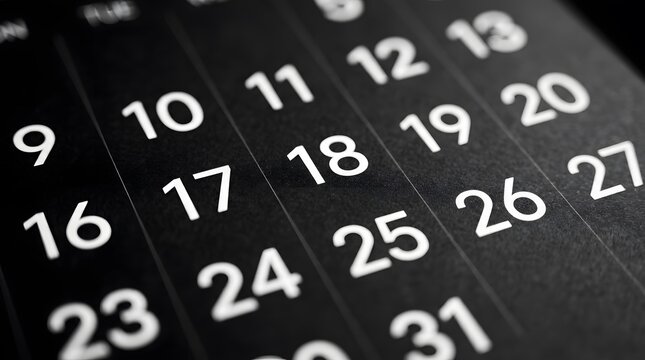 A close-up view of a black and white wall calendar showing the dates from nine to thirty-one, focusing on the numbers printed in a clean sans-serif font