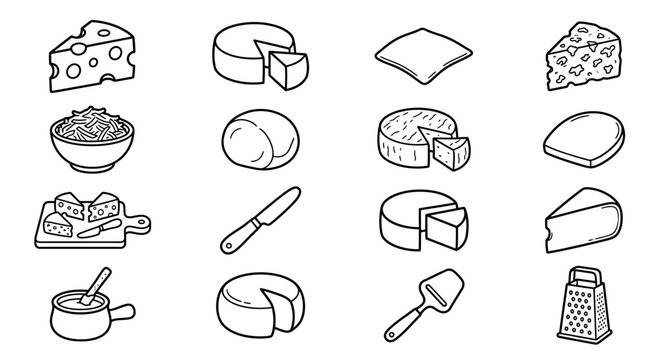 Cheese Variety Icons: Swiss, Cheddar, Gouda, Parmesan, Mozzarella, Fondue