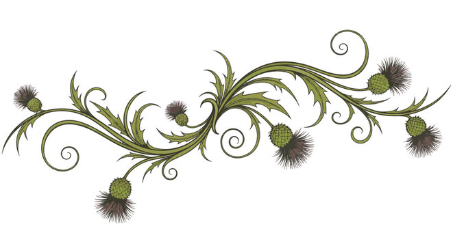 Elegant olive green and purple thistle scrollwork illustration with thorny leaves and swirling vines, isolated on a white background for botanical border and vintage ornament.