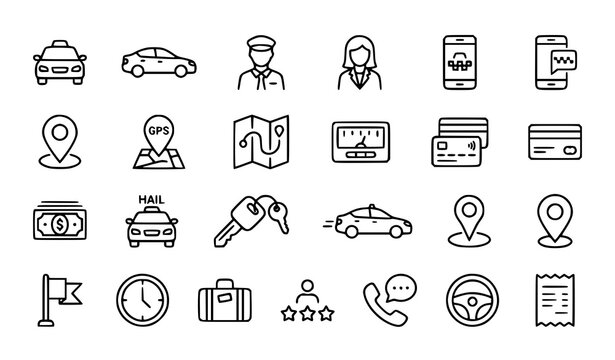 Transportation and logistics line icons taxi driver navigation payment