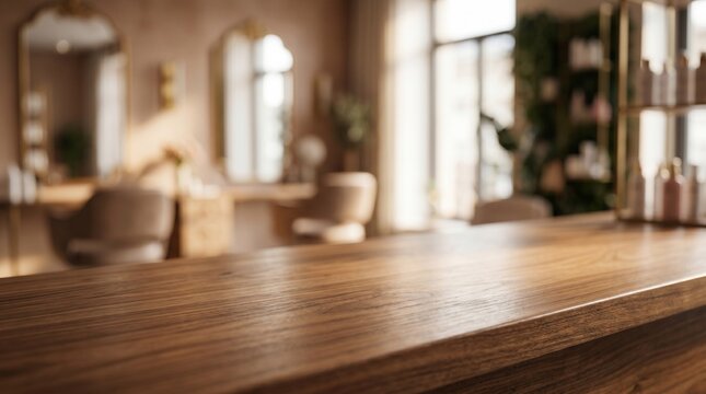 Close-up of a polished wooden countertop in a blurry, elegant beauty salon or spa interior with warm lighting and stylish decor.