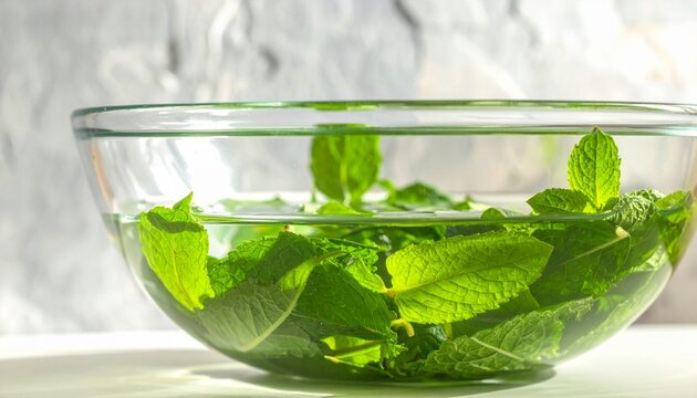 Fresh green mint leaves in clear glass jar.