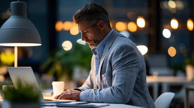 Faceless man in suit working late into evening illuminated softly by desk lamp showing dedication and determination, overtime professional concept, business photography, blurred