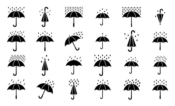Black umbrella icons collection with raindrops vector illustration for weather forecast