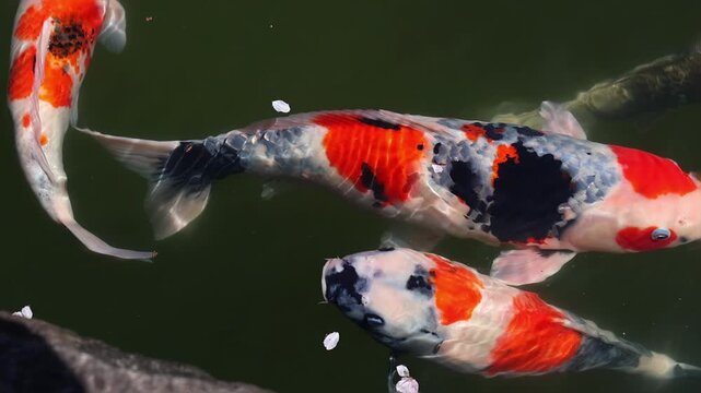 Close-up of Japanese koi carp in a temple pond at Katsuo-ji, Japan. Bright ornamental fish create a calm and traditional atmosphere for travel, culture and nature themes.