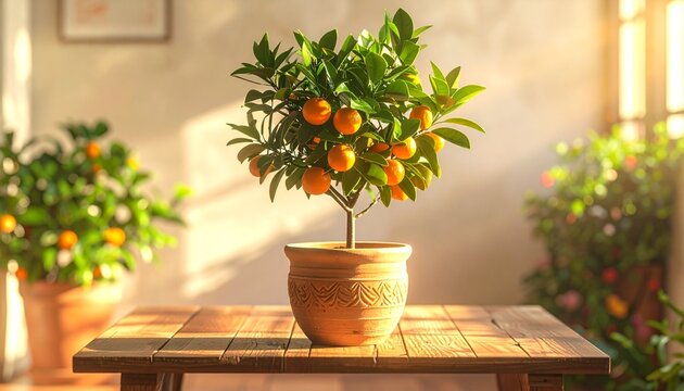 Modern living room with potted orange tree and sunlight.