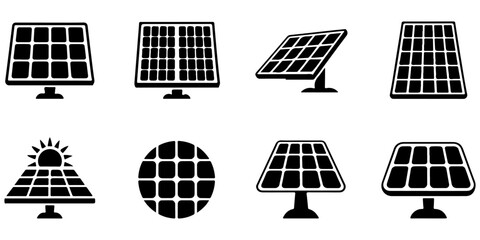 Solar panel icon collection featuring photovoltaic energy renewable power and rooftop solar symbols in black vector style © Lutfunnaher