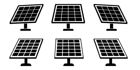 Solar panel icon collection featuring photovoltaic energy renewable power and rooftop solar symbols in black vector style © Lutfunnaher