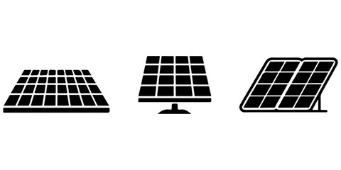 Solar panel icon collection featuring photovoltaic energy renewable power and rooftop solar symbols in black vector style © Lutfunnaher