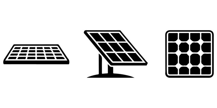Solar panel icon collection featuring photovoltaic energy renewable power and rooftop solar symbols in black vector style