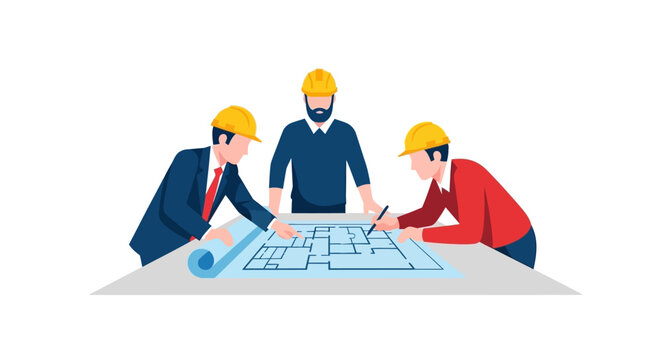 Architects and engineers collaborating on blueprint plans for construction project