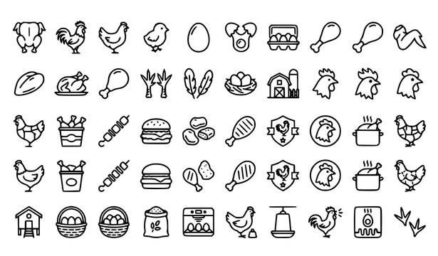 Chicken farm icon set poultry food and agriculture linear illustrations