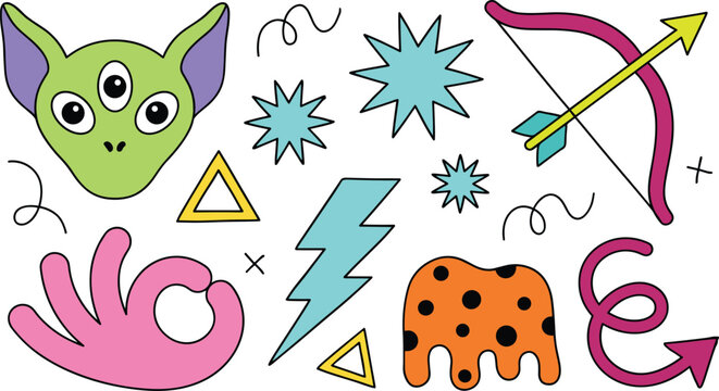 Retro Y2K Pop Art Doodle Vector Element Set with Three Eyed Alien Bow Arrow Lightning Bolt OK Hand Gesture and Starburst Stickers