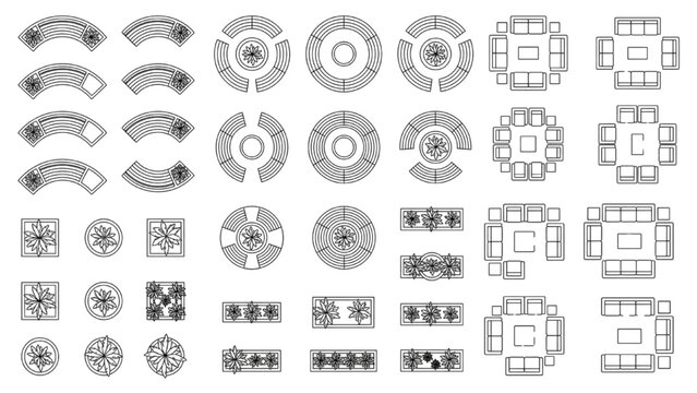 Retail Mall Atrium Seating CAD Furniture Symbols Top View Outline Vector Collection