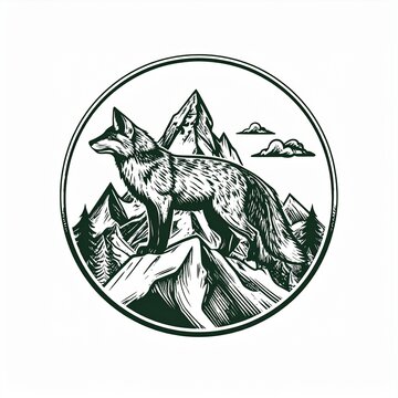 Black and white illustration of a wolf pack in forest setting.