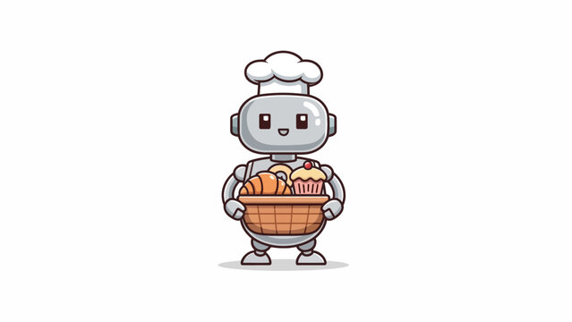 A cartoon robot chef holding a basket of bread.