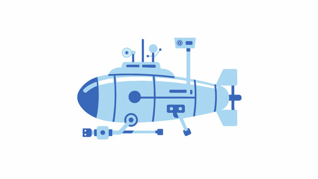 A blue submarine with various equipment.