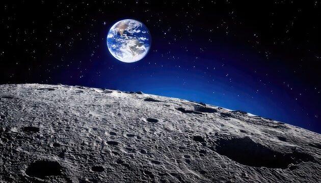 The cratered surface of the moon faces Earth in space with stars