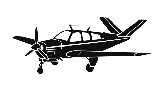 Silhouette of a small twin-engine propeller aircraft in flight, vector illustration