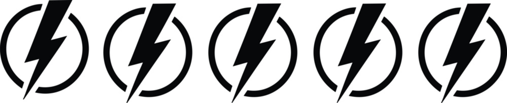 Lightning bolt icon set with three black electric flash symbols inside circular frames for power and energy vector design.