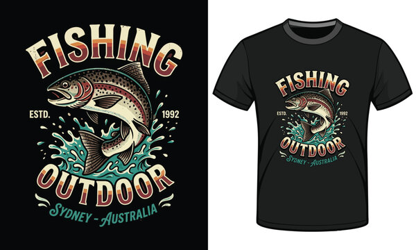 Fishing outdoor sydney australia estd 1992 vintage trout fish jumping from water retro t-shirt design illustration for angling hobbyist and sports apparel graphic collection.