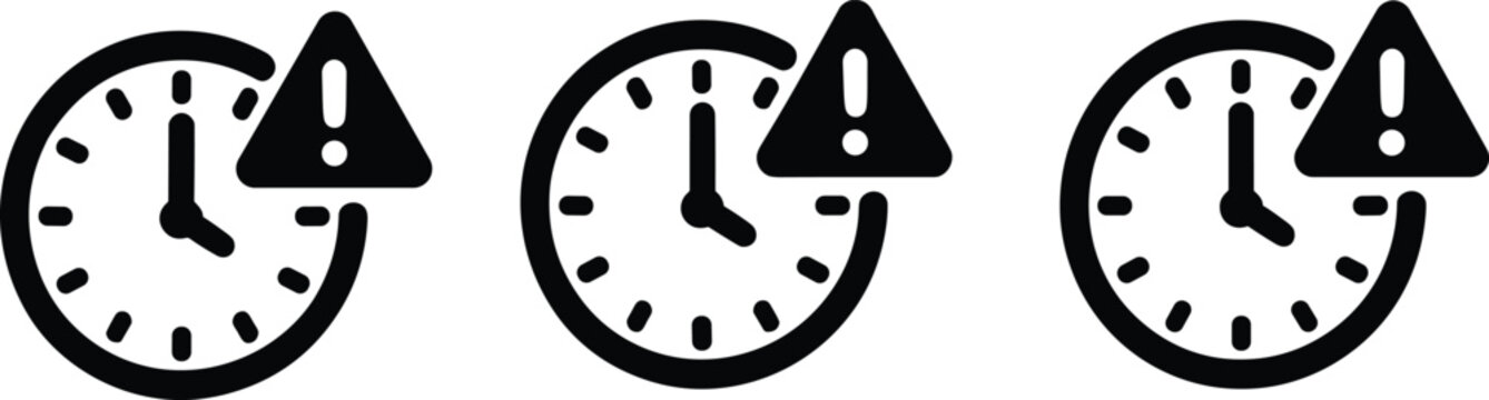 Time expiration clock alert icon set with exclamation mark warning triangles for deadline and delayed process isolated vector design.