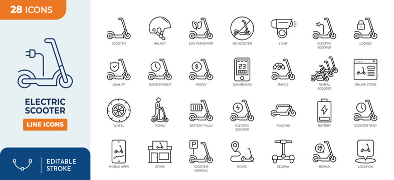 Electric scooter line editable icon set. Contain icons related to electric scooter. Editable stroke. Vector illustration