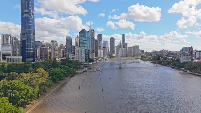 Aerial View of Brisbane CBD, Brisbane River and Kangaroo Point Bridge with City Botanic Gardens