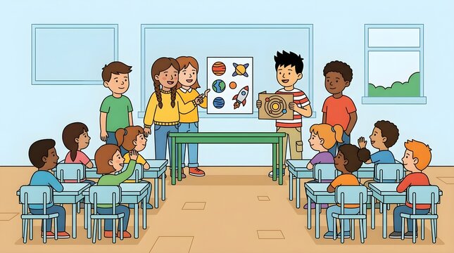 Flat illustration of elementary school students presenting a classroom project about the solar system while classmates listen and participate. Ideal for education, presentations, teamwork, public spea