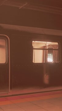 A train stands at a station with its window illuminated. The scene shows dim surroundings and bright light coming from inside. People may come and go as the train waits.