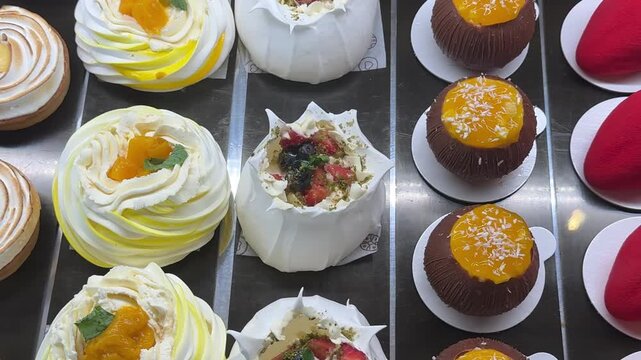 French desserts displayed in pastry shop showcase with colorful mousse cakes meringue fruit shaped pastries and luxury sweets ready for customers